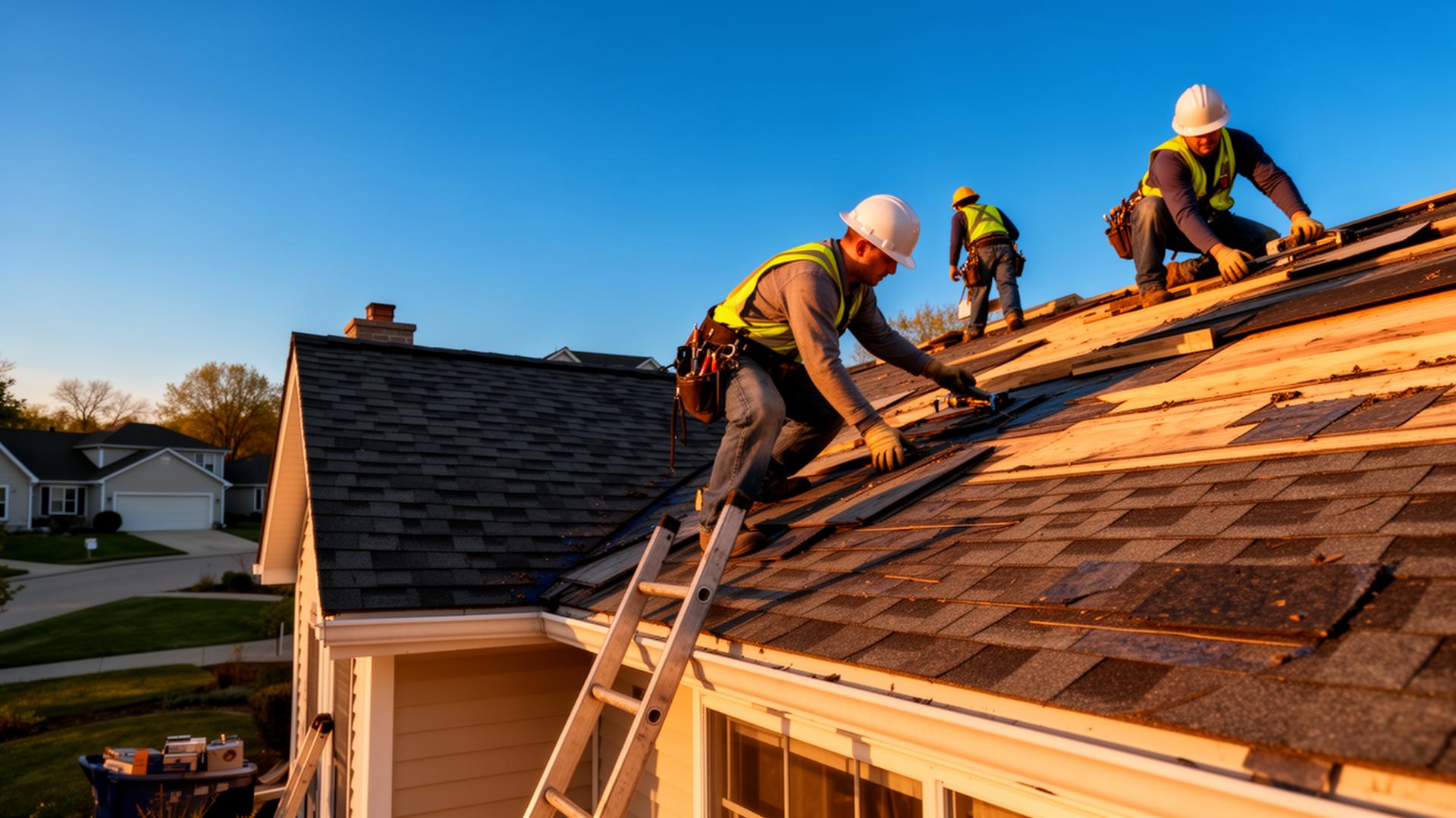 Professional roofing contractor installing shingles on a residential home in Michigan